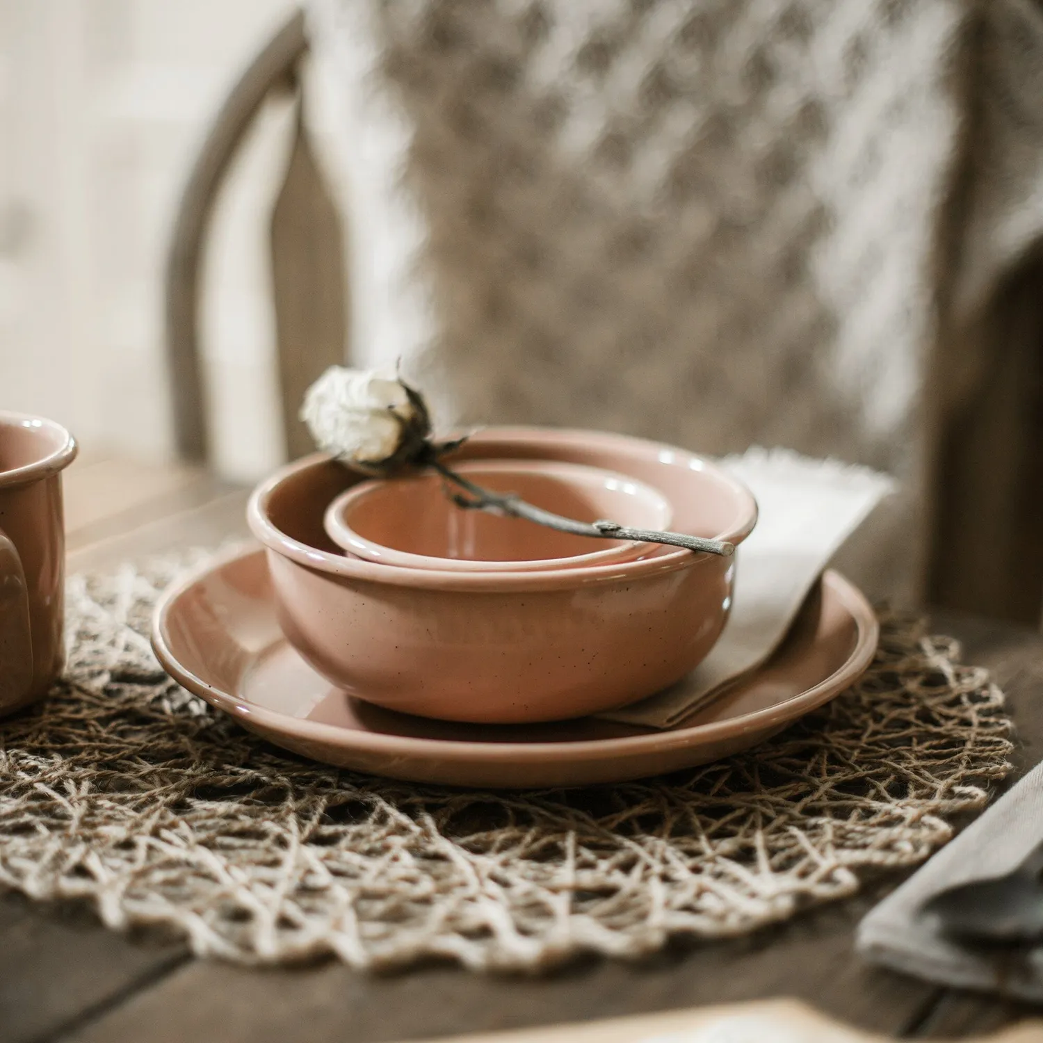 Bare Bones Living Rolled Enamelware Bowl Set Dusty Rose