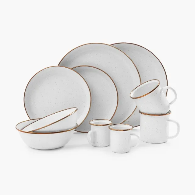 Bare Bones Living Enamelware servies set eggshell gespikkeld